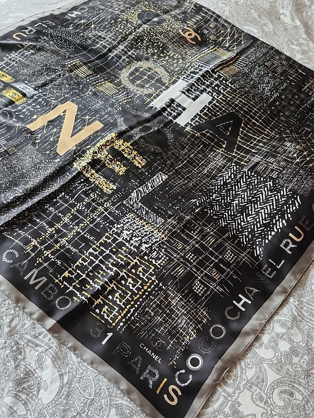 CHANEL Black Gold White Printed Silk Scarf
